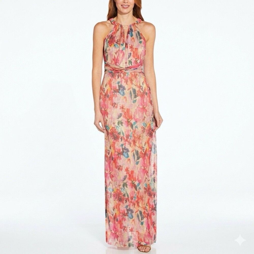 Adrianna Papell Gown Metallic Pleated Halter Pink Floral Maxi 8 Back Split NWT